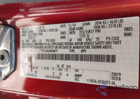 2015 Ford Escape S z USA, uszkodzony, nr VIN 1FMCU0F77FUA59467